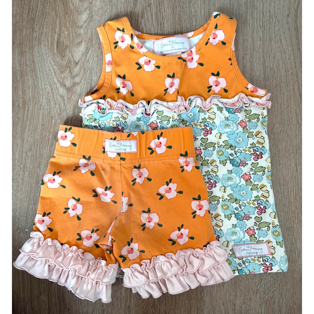 SweetHoney 5T Floral Ruffle Tank Shorts Set Girly Preppy Summer Southern School